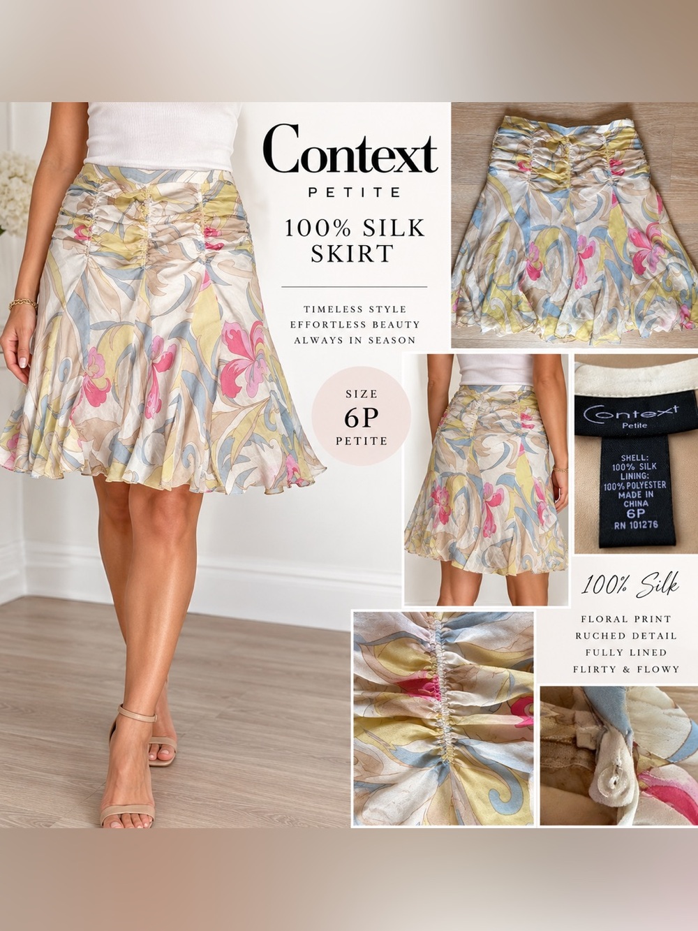 Context Petite 100% Silk Floral Ruched Flowy Skirt Size 6P